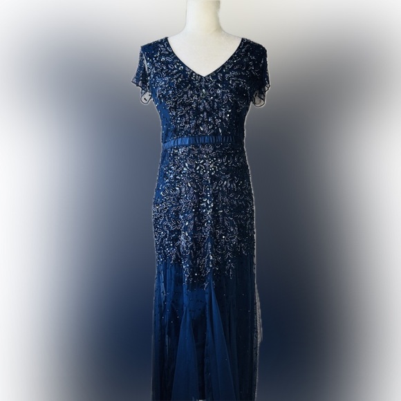ADRIANNA PAPELL Gown Maxi Dress Sequin Midnight Blue Embellished Cap Sleeve $229 - Picture 7 of 11